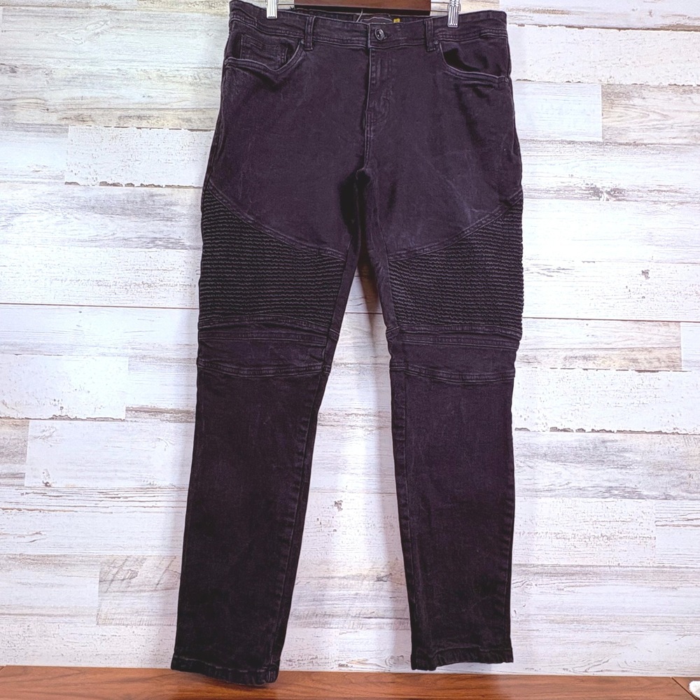 RAWX Mens Black Skinny Fit Moto Jeans Size 36x30.5 Moto Accents Stretch Denim